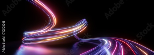 3d render. Abstract panoramic background of curvy dynamic neon lines glowing in the dark room with floor reflection. Virtual fluorescent ribbon. Fantastic wallpaper