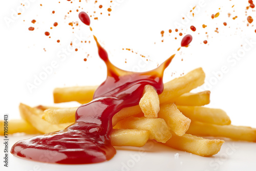 Delicious potato fries falling into splashing tomato ketchup, cut out. Close up of falling down fries with splash ketchup in background minimalist. First food concept of food and potato.