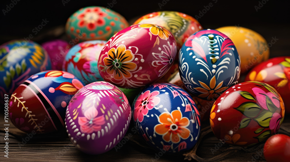 Painted Easter eggs with vibrant floral patterns, displayed on a dark wooden surface Painted Easter eggs with vibrant floral patterns, displayed on a dark wooden surface