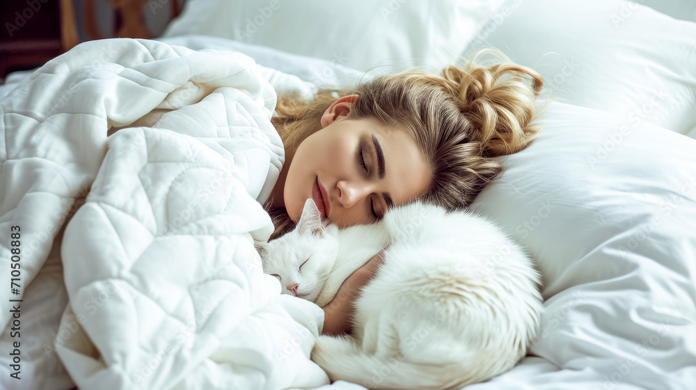 Beautiful caucasian woman sleeping with a fluffy white cat in one bed. Beautiful caucasian woman sleeping with a fluffy white cat in one bed.