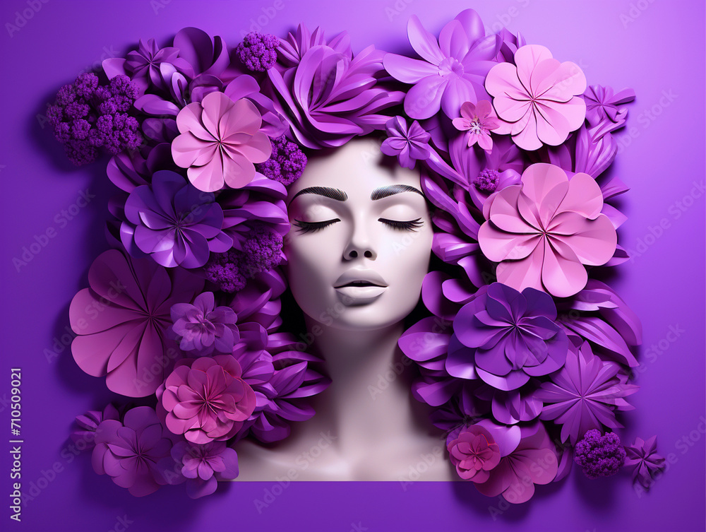 3D render woman face with flowers on isolated purple background - ai generative