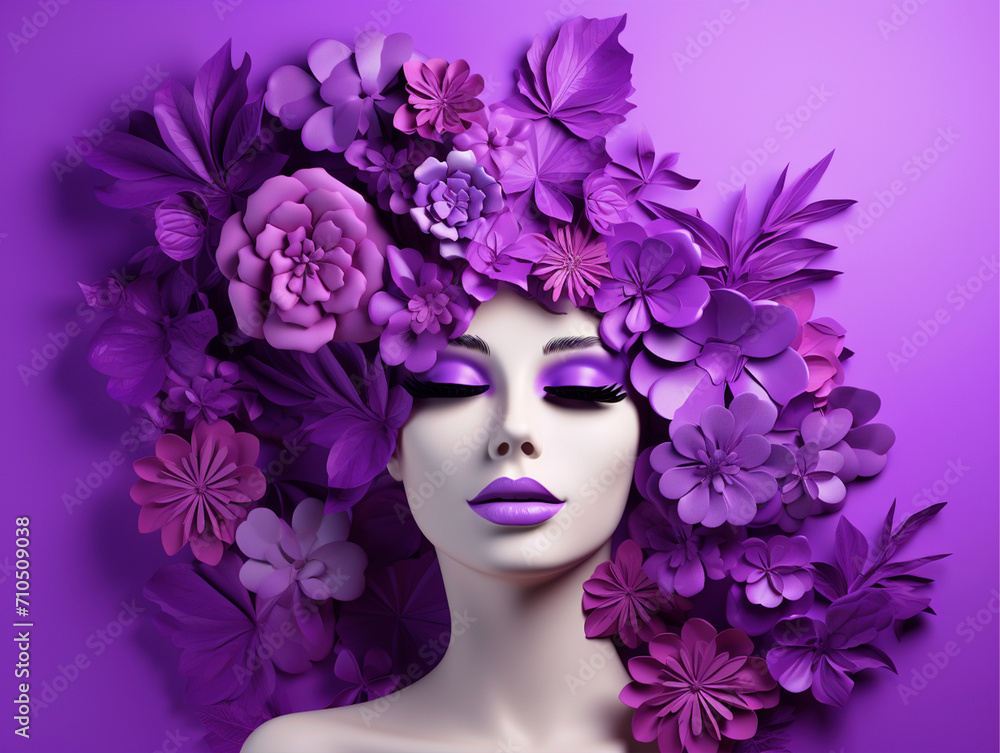 3D render woman face with flowers on isolated purple background - ai generative 3D render woman face with flowers on isolated purple background - ai generative