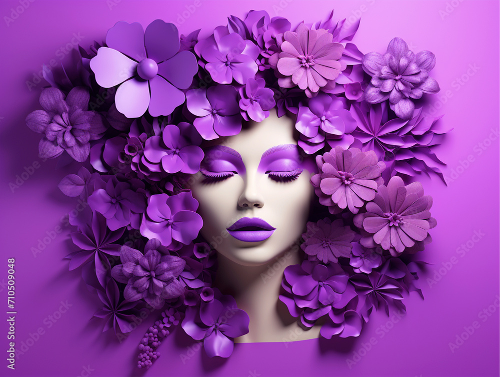 3D render woman face with flowers on isolated purple background - ai generative 3D render woman face with flowers on isolated purple background - ai generative