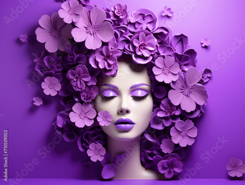 3D render woman face with flowers on isolated purple background - ai generative