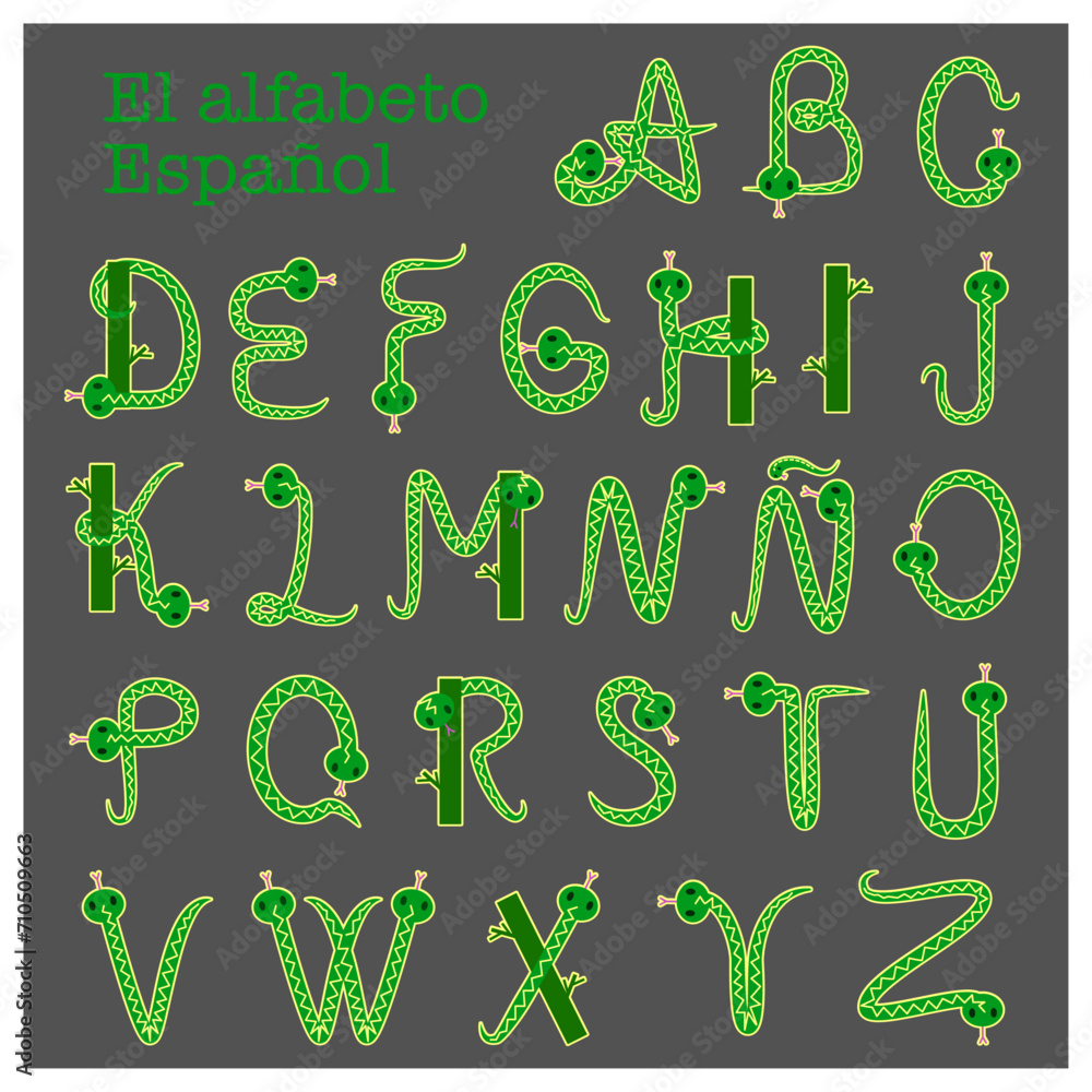 cute spanish alphabet made of snakes. cute spanish alphabet made of snakes.