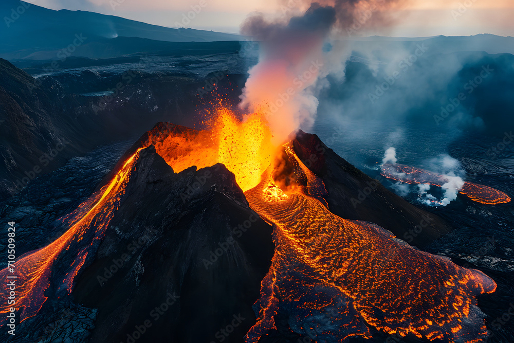 Volcano eruption, burning volcanic landscape at dusk, night of the fire, hot inferno and the wrath of nature