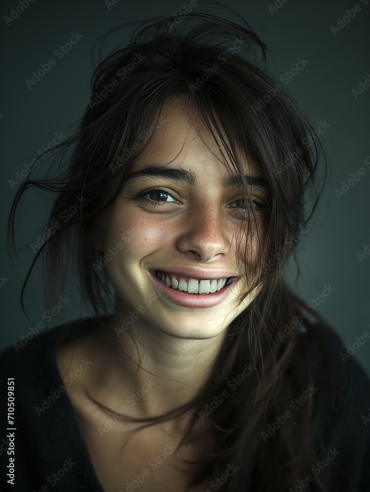 Head portrait of an expressive woman. Gray background. Head portrait of an expressive woman. Gray background.