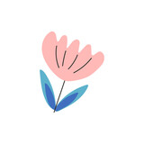 Pink flower with stem and leaves. Symbol of love, romance. Design for Valentine's Day. Spring element.