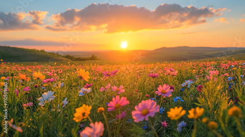 Futuristic Harmony: Wide-Angle Photo of Elegant Vibrant Flowers in a Vast Garden, Captured in Panoramic View at Sunset with Lively Colors and a Peaceful Landscape © Tomasz