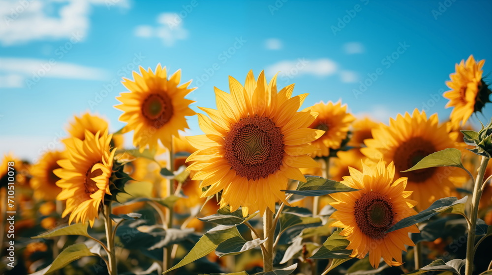 Field of sunflowers against blue summer sky. Generated AI Field of sunflowers against blue summer sky. Generated AI