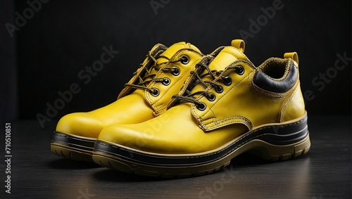 A pair of yellow safety leather shoes isolated on a dark background. These work shoes for men are designed for use in factories or industries to protect the feet from accidents.