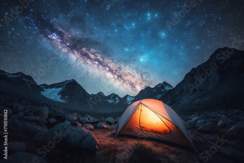 Starry Night Shelter: The Milky Way Above a Mountain Tent, Celestial Camping Bliss.  © Raccoon Stock AI