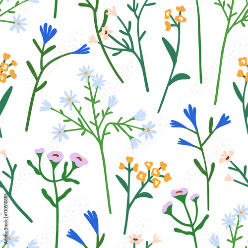 Seamless floral pattern. Repeating botanical print design. Endless background  spring flowers  branches. Gentle simple sprigs for wallpaper  textile  fabric  wrapping. Flat vector illustration