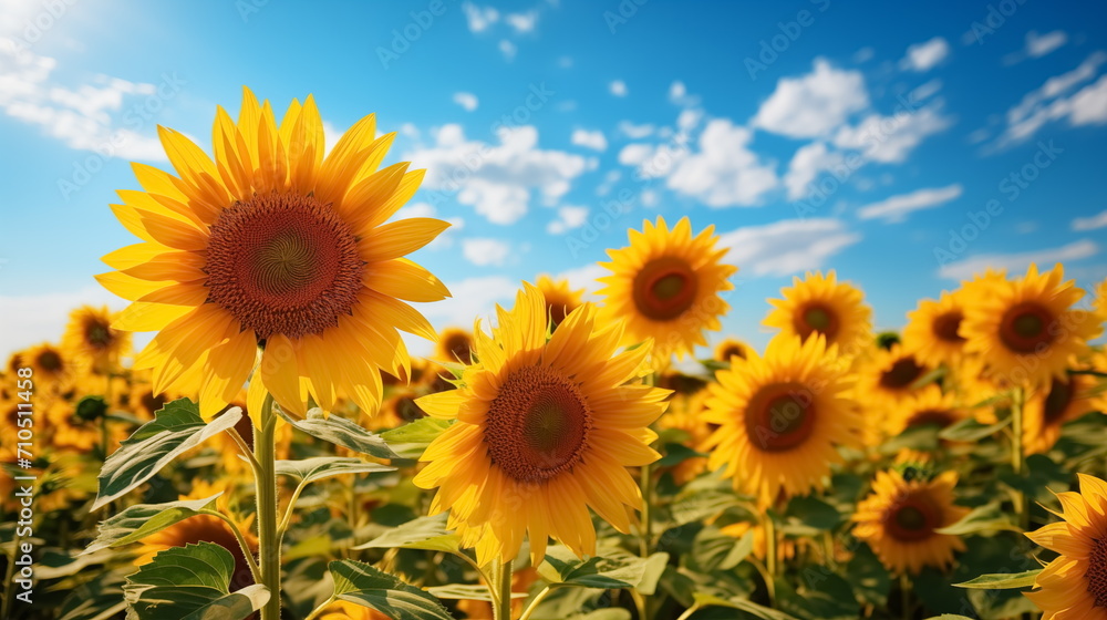 Field of sunflowers against blue summer sky. Generated AI