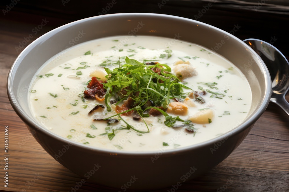 clam chowder dish at the restaurant in a bowl closeup clam chowder dish at the restaurant in a bowl closeup