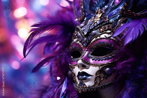 venetian carnival mask in purple blue violet color palette isolated on black background copy space right. Carnival festival in Venice celebrated in February.