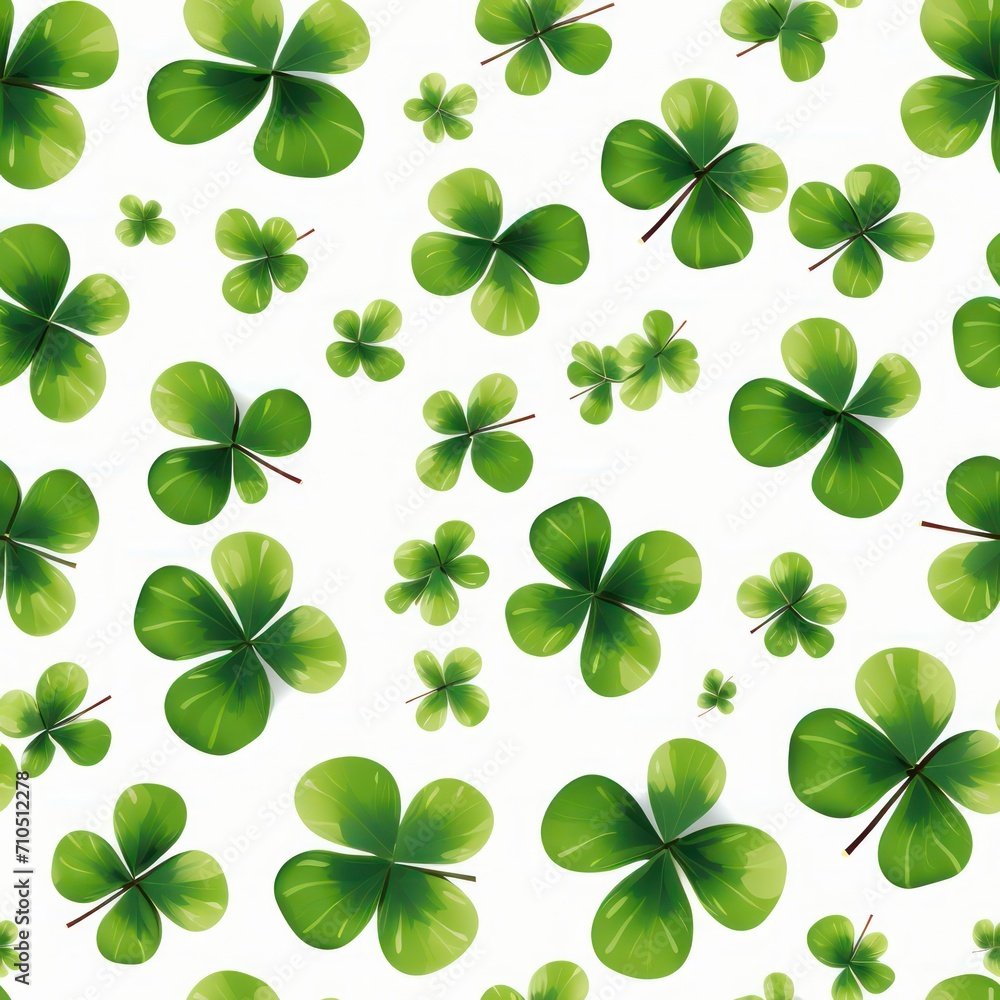 green lucky shamrock leaf four leaf clover plant isolated on white background. St Patricks day seamless pattern. 