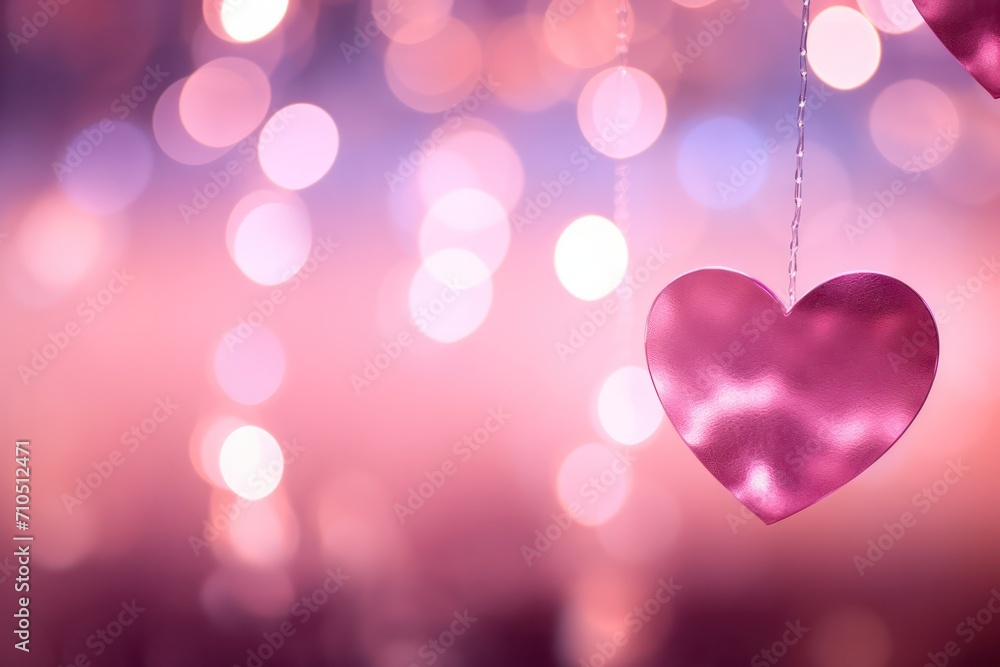 pink lilac hearts 3d render and bokeh Valentines day background banner in pastel color palette copy space left and top