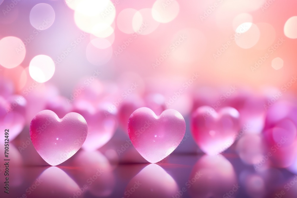 pink lilac hearts 3d render and bokeh Valentines day background banner in pastel color palette copy space top