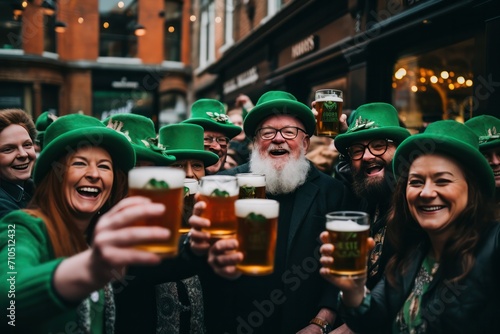 crowd of people celebrating St Patricks day in green hats and drinking beer. Irish national holiday.