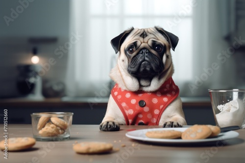 cute pug puppy eating dog biscuits or cookies  in minimal kitchen. Sweets for dogs small business.  © Dina