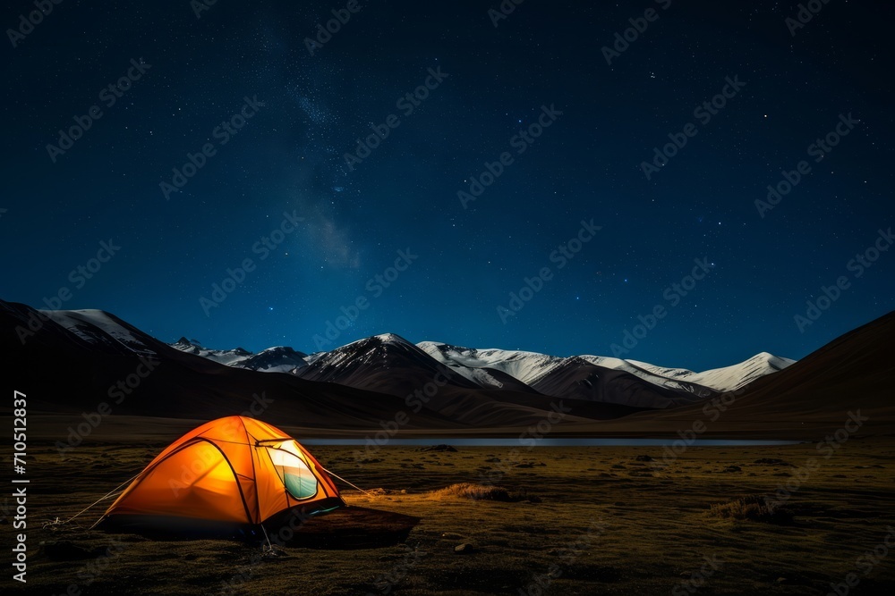 Secluded Starry Night Camping.
Solo tent glow against night stars.