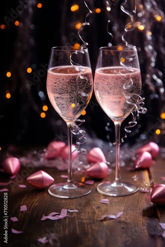 two glasses of champagne or cava with pink hearts, lights and glitter. Festive St Valentines Day vertical romantic wallpaper.