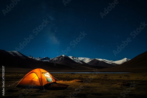 Secluded Starry Night Camping. Solo tent glow against night stars.
