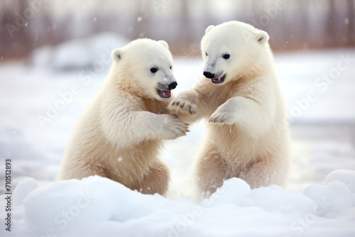 two little polar bear cubs siblings playing in the snow. environment, global warming, climate change concept.
