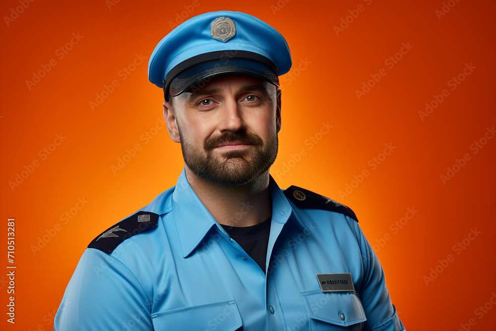 Fototapeta premium Young man woman working as police officer or cop closeup portrait blurred city background Generative AI
