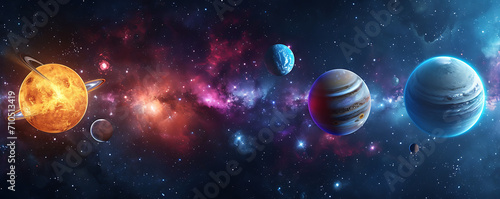 A breathtaking astronomical view of eight colorful planets arranged around a starry sky along with celestial objects.