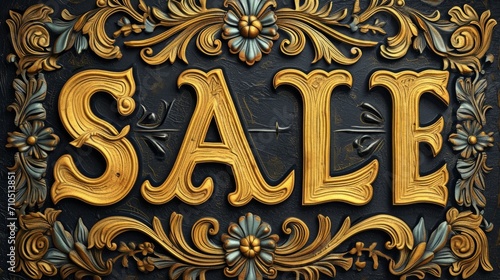 The word Sale in art nouveau style. Combination of gold and black with floral elements