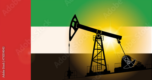 Oil pumps, oil rigs against the background of the flag of the Arab Emirates. Economic crisis