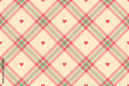 Gingham pattern with hearts. Seamless tartan vichy check plaid for dress, shirt, tablecloth, napkin, or other modern Valentines Day textile design.