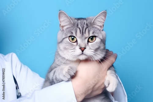 Gray tabby cat in the hands of a veterinarian for examination. Blue background. Close-up. © Рика Тс