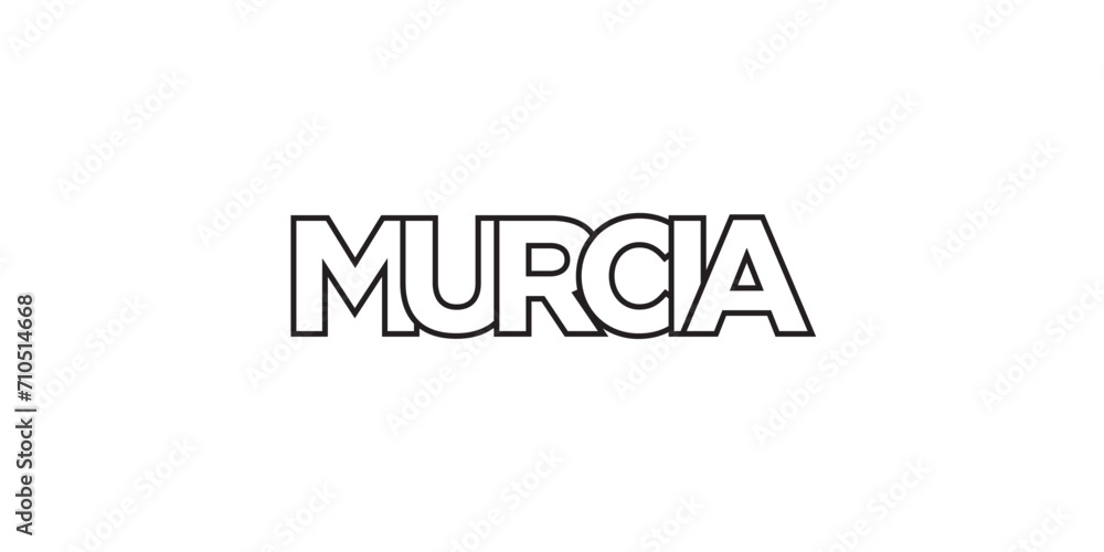 Murcia in the Spain emblem. The design features a geometric style, vector illustration with bold typography in a modern font. The graphic slogan lettering.