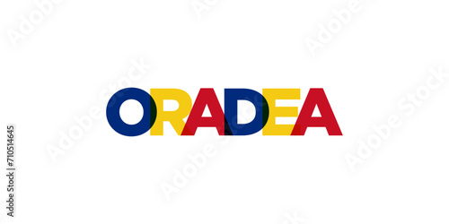 Oradea in the Romania emblem. The design features a geometric style, vector illustration with bold typography in a modern font. The graphic slogan lettering.