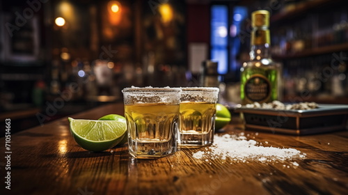 Gold tequila shots with lime and salt on wooden bar, blurred bar background, Generated AI