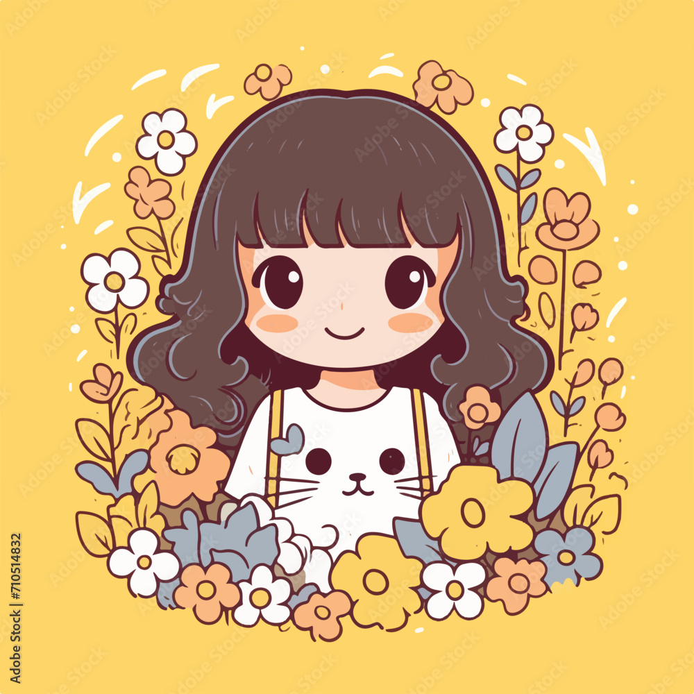 illustration of a girl wearing a cat patterned shirt on a floral background illustration of a girl wearing a cat patterned shirt on a floral background