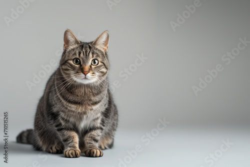 A beautiful, cute gray tabby shorthair cat of the British breed sits and looks at the camera on a gray background. Copy space.