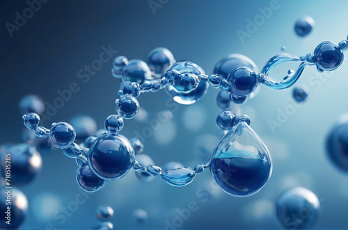 blue molecule atoms structures on blue liquid serum background. Science Molecular water drop DNA Model Structure Atoms background Medical