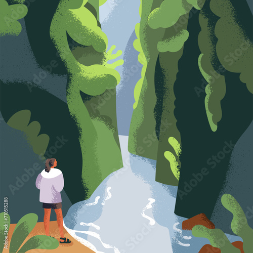 River water among rocks, calm landscape. Woman travels in nature, enjoying pe...