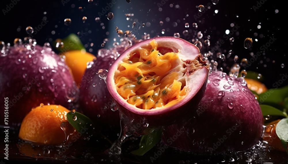 Fresh passion with splashes and water drops on dark background Fresh passion with splashes and water drops on dark background