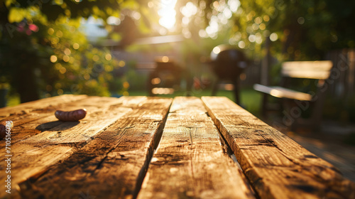 Close-up of a rustic wooden table top with a blurred background of a garden and warm sunlight filtering through the leaves. photo