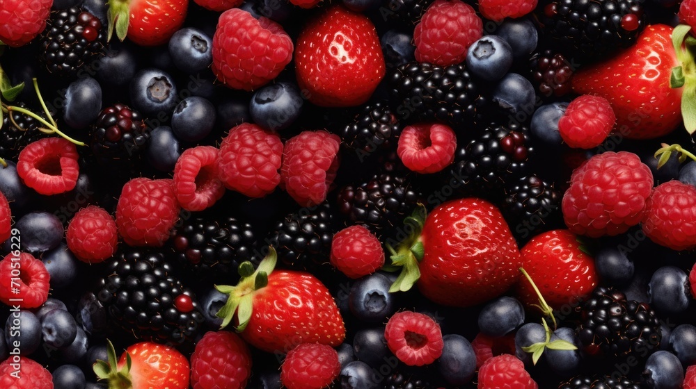 Fototapeta premium Berries - strawberry, raspberry, blueberry seamless pattern. Fruit repeated background of harvest.