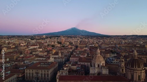 Aerial view of Catania city centre at dawn (Etna on background)