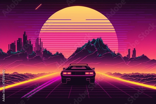 Retrowave Sunset Drive: Vintage Car Silhouetted Against a Nostalgic Horizon. 