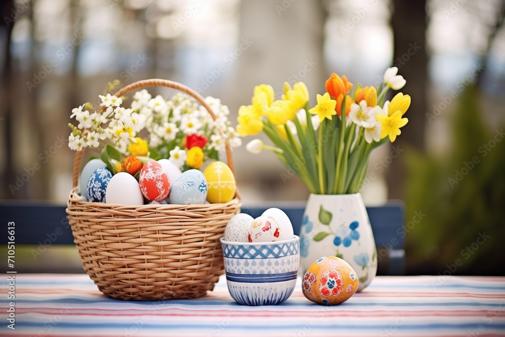 basket surrounded by spring flowers and decorated eggs outdoors basket surrounded by spring flowers and decorated eggs outdoors