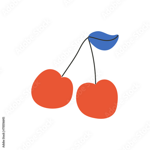 Two red cherries. Symbol of love, romance. Design for Valentine's Day.