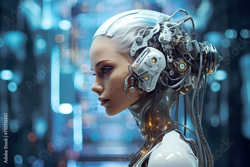Futuristic Blonde Woman. Hyper Realistic Portrait of Female Android Robot with Intricate Mechanical Details. 3D Cyber Art. Soft Bokeh Blue Background. AI Generated
